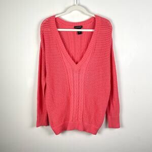 Lane Bryant Cable Knit V Neck Pullover Sweater Size 14/16 Coral Pink 100% Cotton